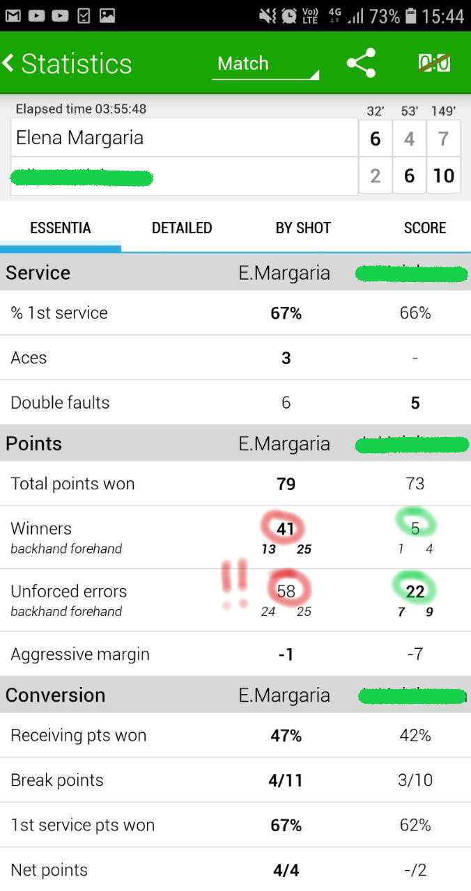 Tennis stats of one of Elena's matches