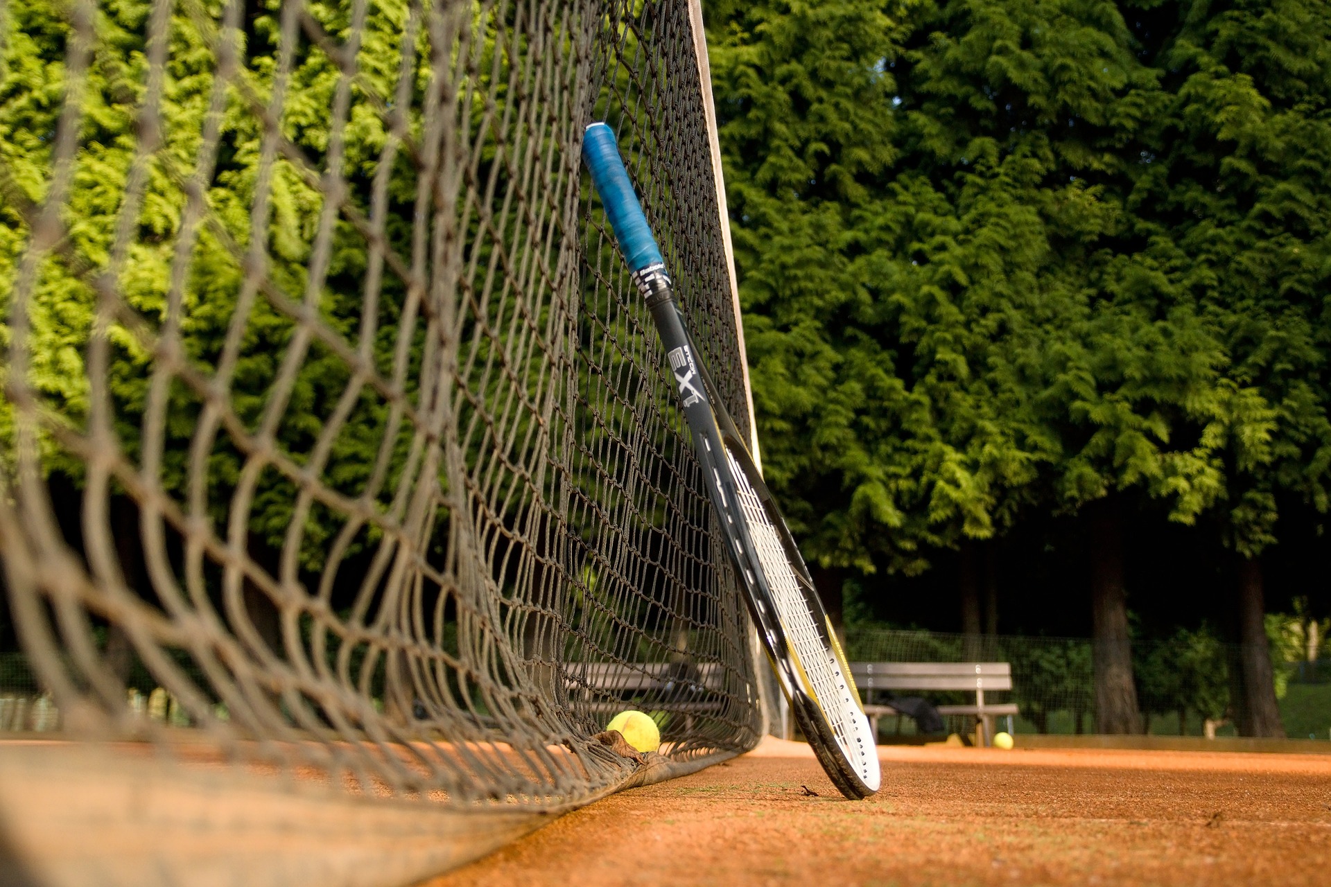 Tennis racket resting on the net